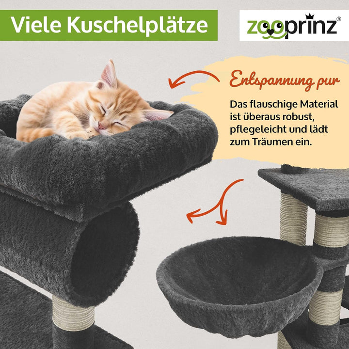 zooprinz extra breiter kratzbaum – XXL Premium Kratzbaum mit dicken Sisal Säulen, Höhle, Hängematte,