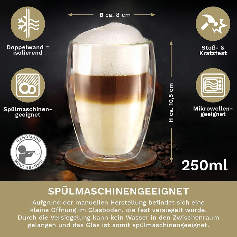 Creano doppelwandige Gläser 250ml - Glas Becher doppelwandig - Thermoglas - Doppelwandgläser im 6er