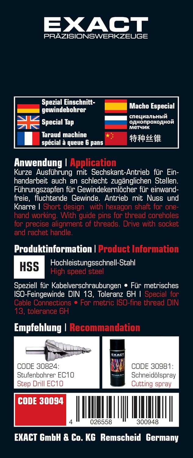 Exact 05974 Spezial-Einschnittgewindebohrer für Kabelverschraubungen Hochleistungsschnell-Stahl Mf 2
