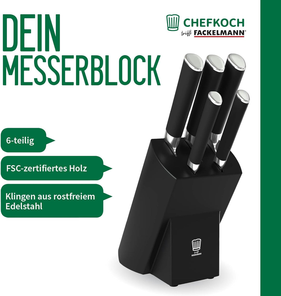 Chefkoch trifft Fackelmann Premium Messerblock aus FSC-zertifiziertem Holz – 6-teilig, mit Antirutsc