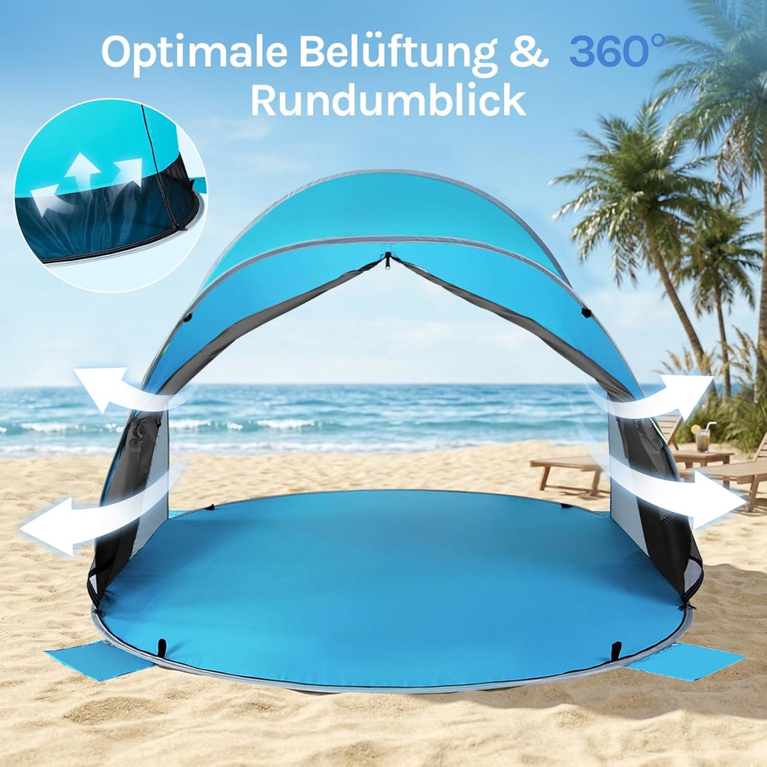 Wolfwise Pop Up Strandmuschel für 3-4 Personen, Sofort Aufbau, UV-Schutz 50+, Wasserabweisend, Belüf