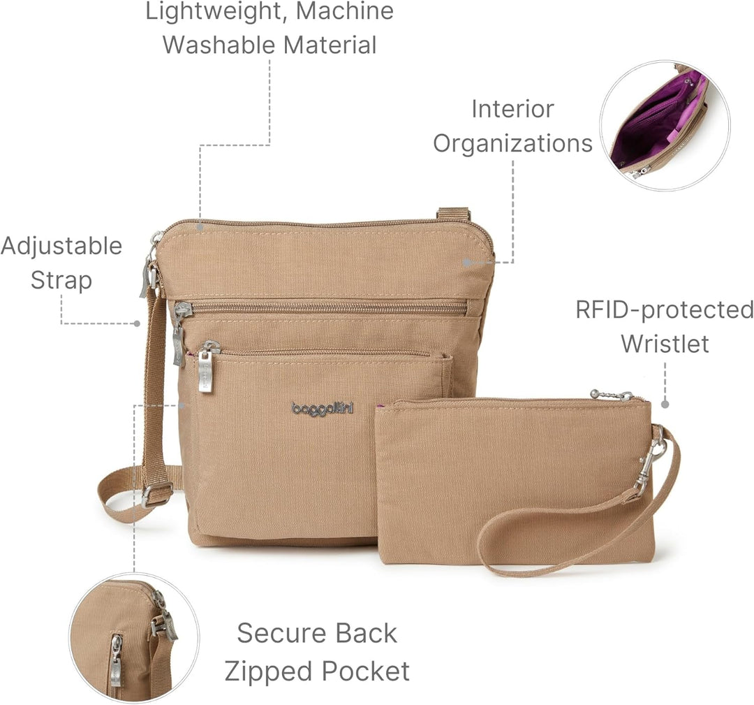 Baggallini Damen Pocket Crossbody Umhängetaschen Beige / Braun, Beige / Braun