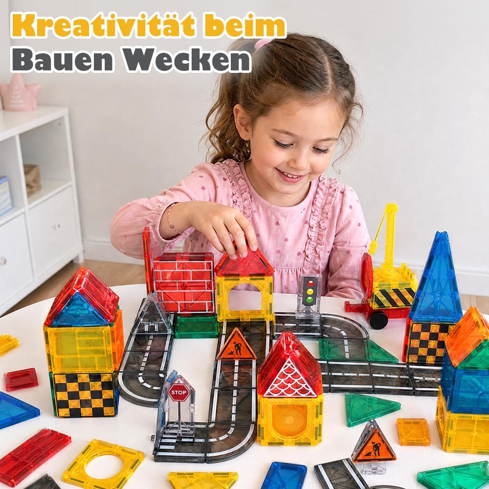 Playpals Magnetische Bausteine Stadt-Strassenset, 40-teilig mit Kran | STEM-Lernen, Verkehrszeichen,