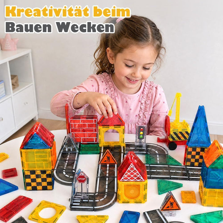 Playpals Magnetische Bausteine Stadt-Strassenset, 60-teilig mit Kran | STEM-Lernen, Verkehrszeichen,