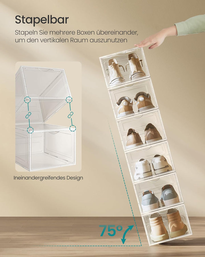 SONGMICS Schuhboxen, Schuh-Organizer aus Kunststoff, mit Tür, durchsichtig, Kunststoffboxen, 12er Se