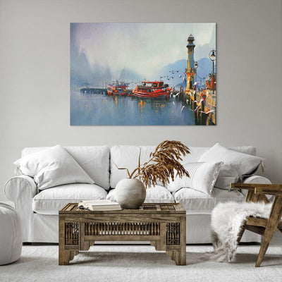 Bilder auf Leinwand 100x70cm Leinwandbild mit Rahmen Hafen Laterne Boot Gross Wanddeko Bild Schlafzi