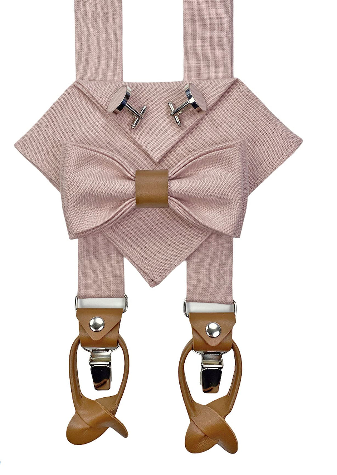 LINILI Leinen Accessoires SET: Fliege, Hosenträger, Einstecktuch, Manschettenknöpfe- Fliege Bereits