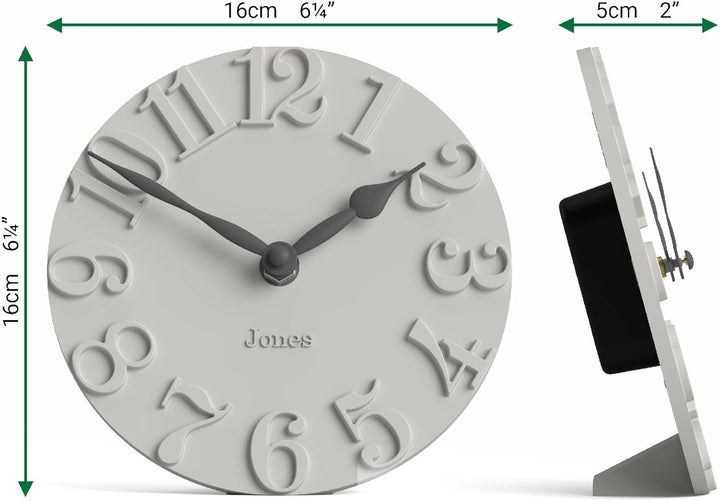 JONES CLOCKS® Hampstead Schreibtisch Uhr | Freistehend | Hellgrau | Elegante, erhabene Ziffern | Ide