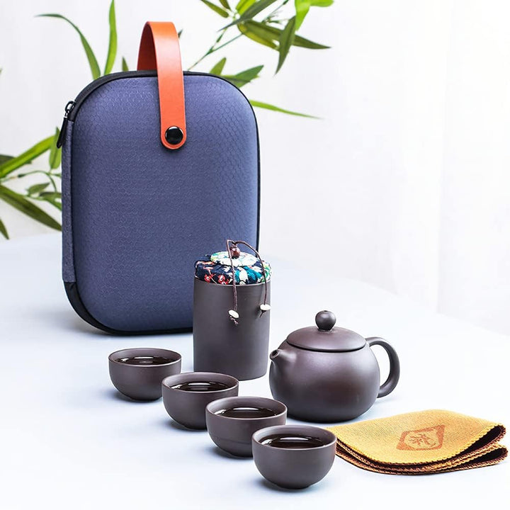 Tee Set 7-teilig Chinesisch Keramik Kleine Teeservice mit 130ml Teekanne und 4 Teebecher 30ml Tragba