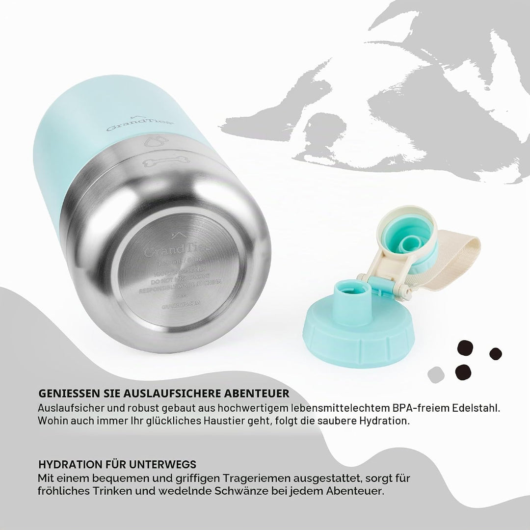 GrandTies Isolierte tragbare Hundewasserflasche mit 2 abnehmbaren Hundenapfspender, auslaufsicherer
