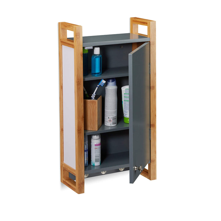 Relaxdays Hängeschrank, dunkelgrau Bad, Wandschrank mit Bambusrahmen und 3 Haken, Badhängeschrank HB
