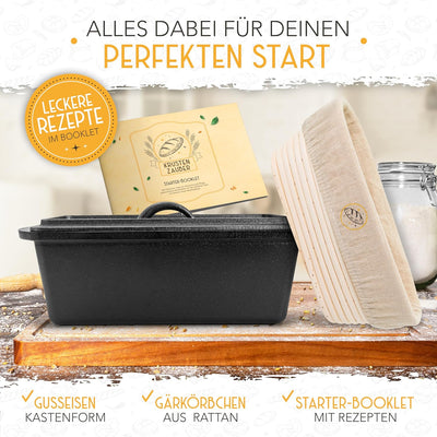 KRUSTENZAUBER Brotbackform mit Deckel inkl. Gärkorb - Robuste 28cm Backform aus Gusseisen - Ideal al