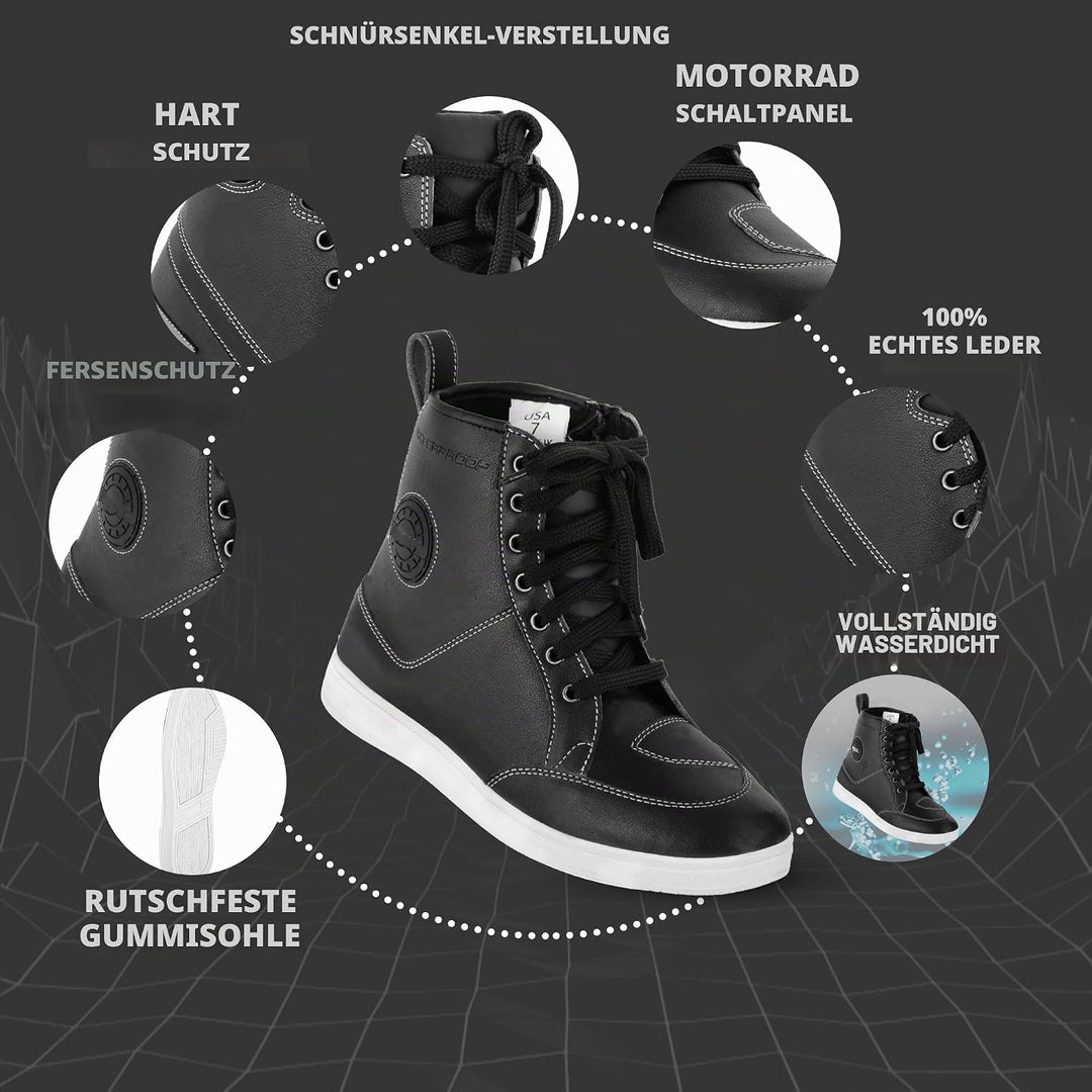 Motorradschuhe für Herren, kurz, wasserdicht, Leder, rutschfeste Sohle, Schwarz