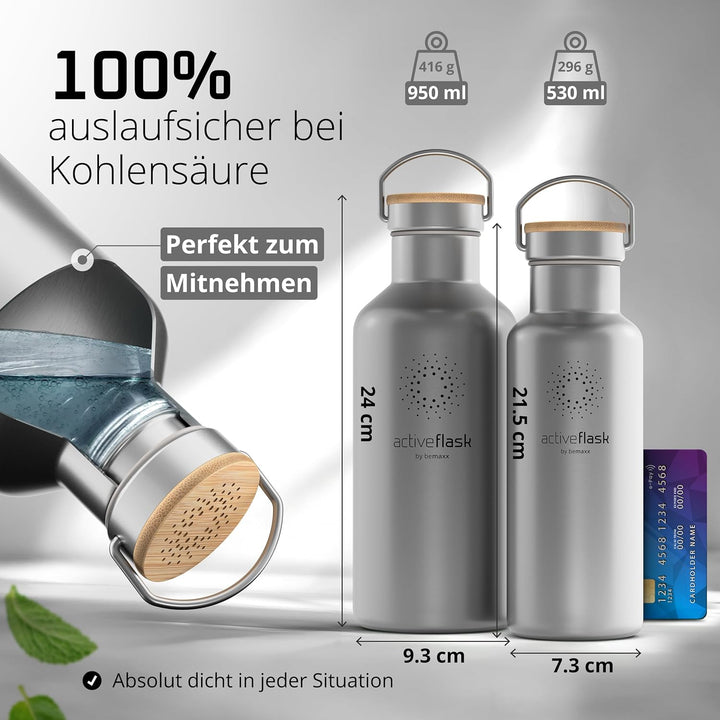 Trinkflasche Edelstahl ACTIVE FLASK + Strohhalm (3 Deckel) BPA-frei, Auslaufsicher, Kohlensäure geei