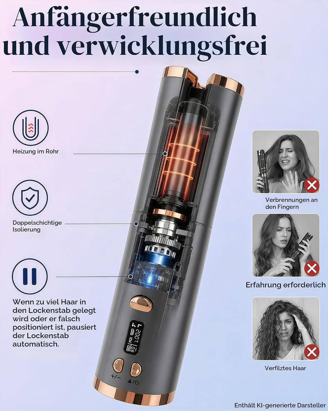 Automatischer Lockenstab Kabellos, Lockenwickler Akku mit Keratin | Welleneisen mit 6 Temperaturen &amp;