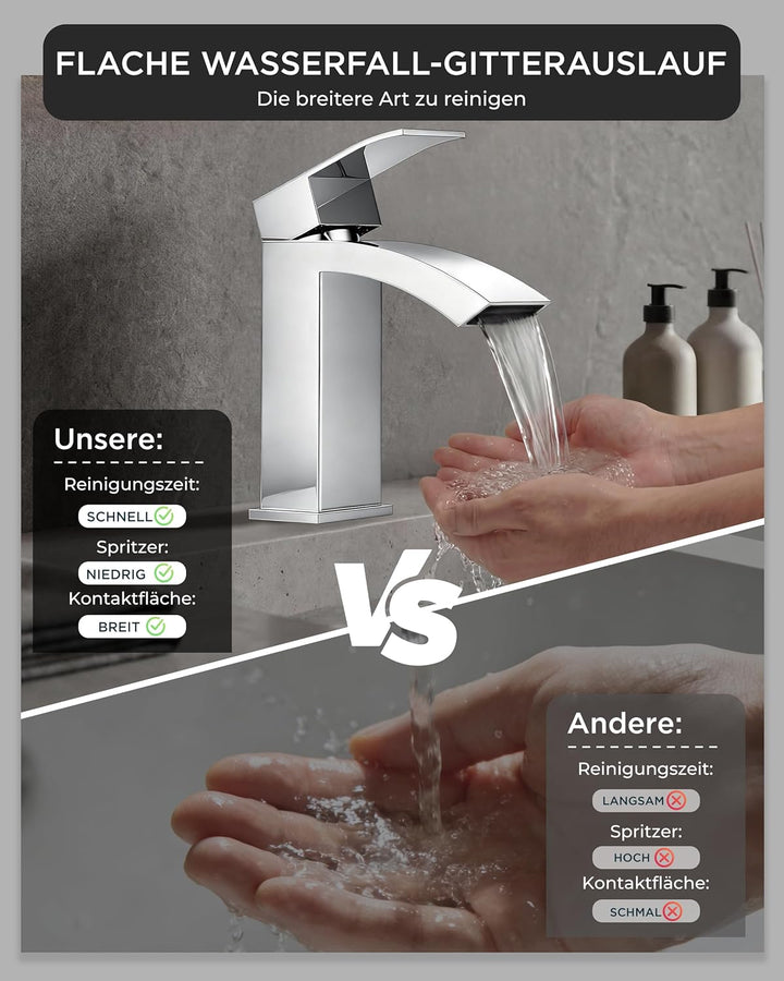 FORIOUS Wasserhahn Bad mit Ablaufgarnitur, Wasserfall Waschtischarmatur mit Auslauf Höhe 100 mm, Mis