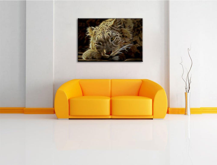 Dark ruhender Schneeleopard Deluxe Format: 100x70 cm auf Leinwand, XXL riesige Bilder fertig gerahmt