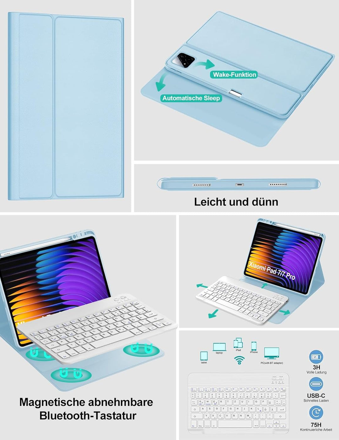 Tastatur Hülle für Xiaomi Pad 7/7 Pro 11.2 Zoll 2024, Deutsches QWERTZ, Magnetisch Abnehmbarer Deuts