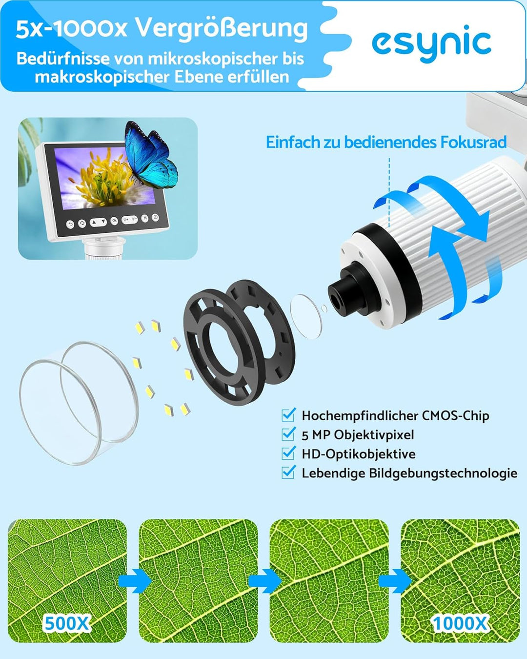 eSynic USB Mikroskop 4,5 Zoll IPS Bildschirm, 1000x Vergrösserung, 2 Schwanenhalogenleuchten, 32GB S