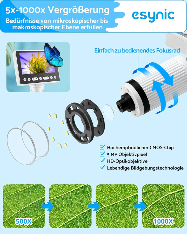eSynic USB Mikroskop 4,5 Zoll IPS Bildschirm, 1000x Vergrösserung, 2 Schwanenhalogenleuchten, 32GB S