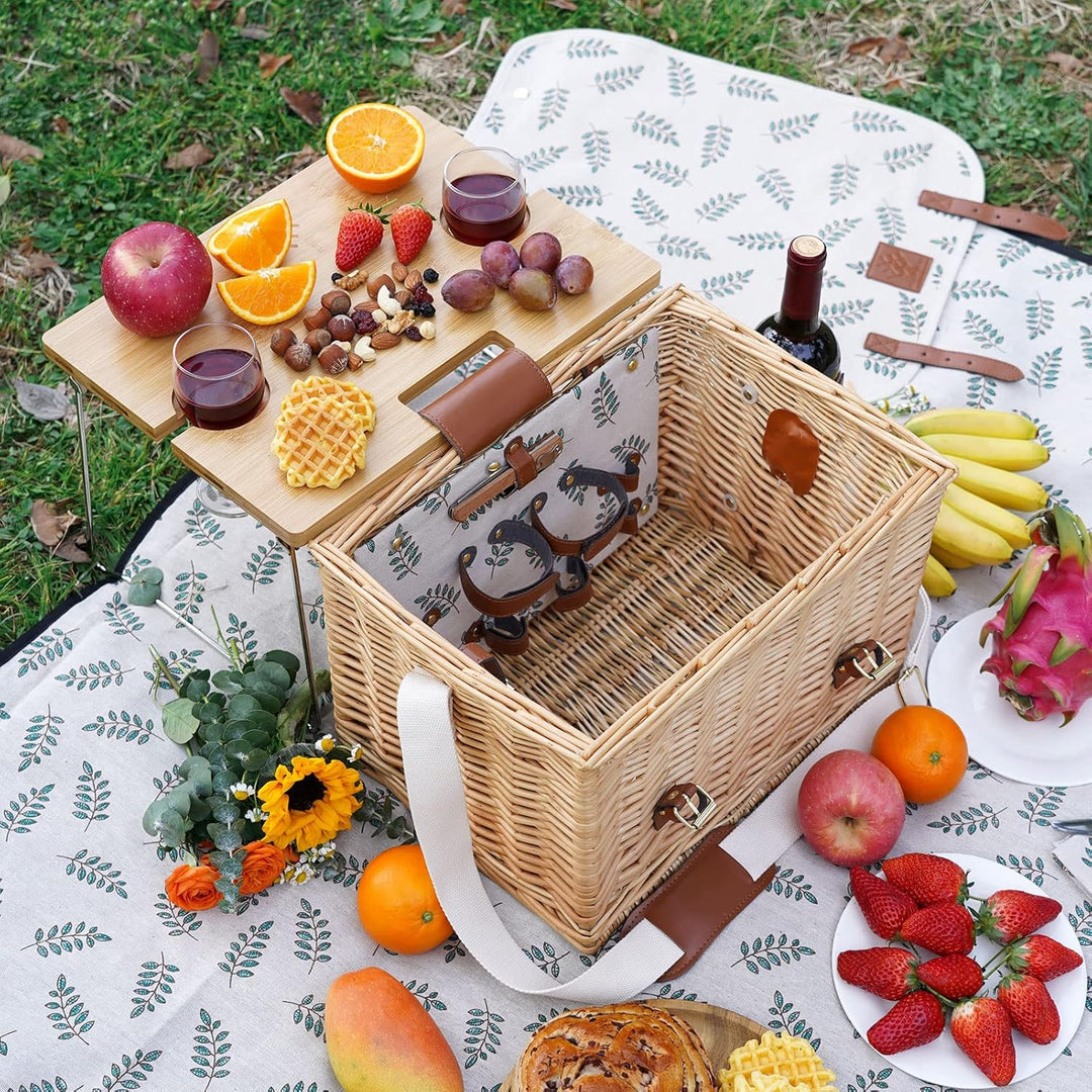Picknickkorb mit Tisch, Picknickkorb Set für 2, Weidenkorb mit Weinhalter, Weidenkorb Picknick-Set m