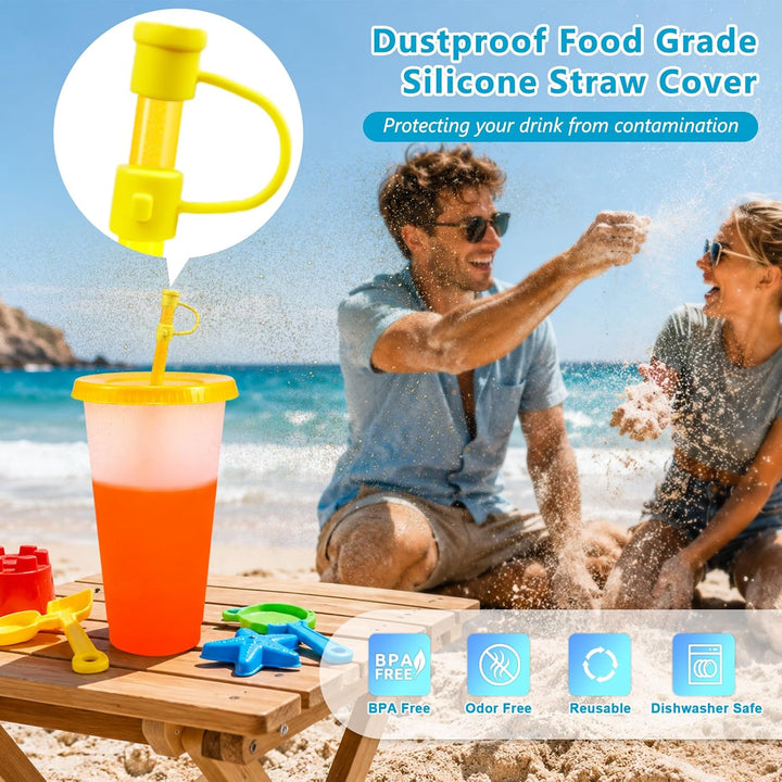 6 Stück Plastikbecher Trinkbecher Becher mit Deckel & Strohhalm Abdeckung - 710ml Mehrweg Tasse Farb