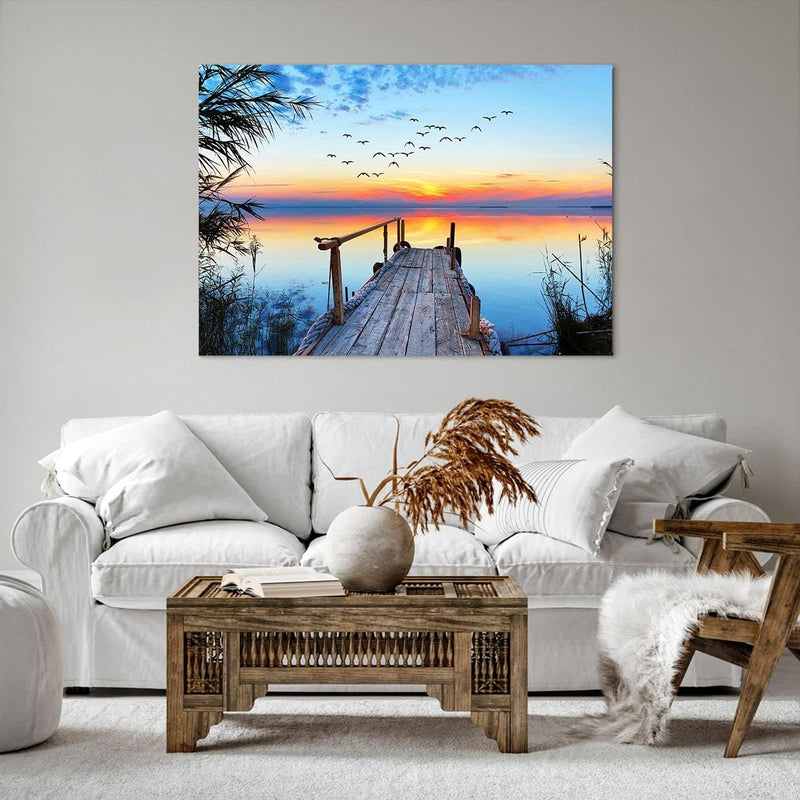 ARTTOR Bilder auf Leinwand 100x70cm Leinwandbild mit Rahmen Brücke See Gross Wanddeko Bild Schlafzim