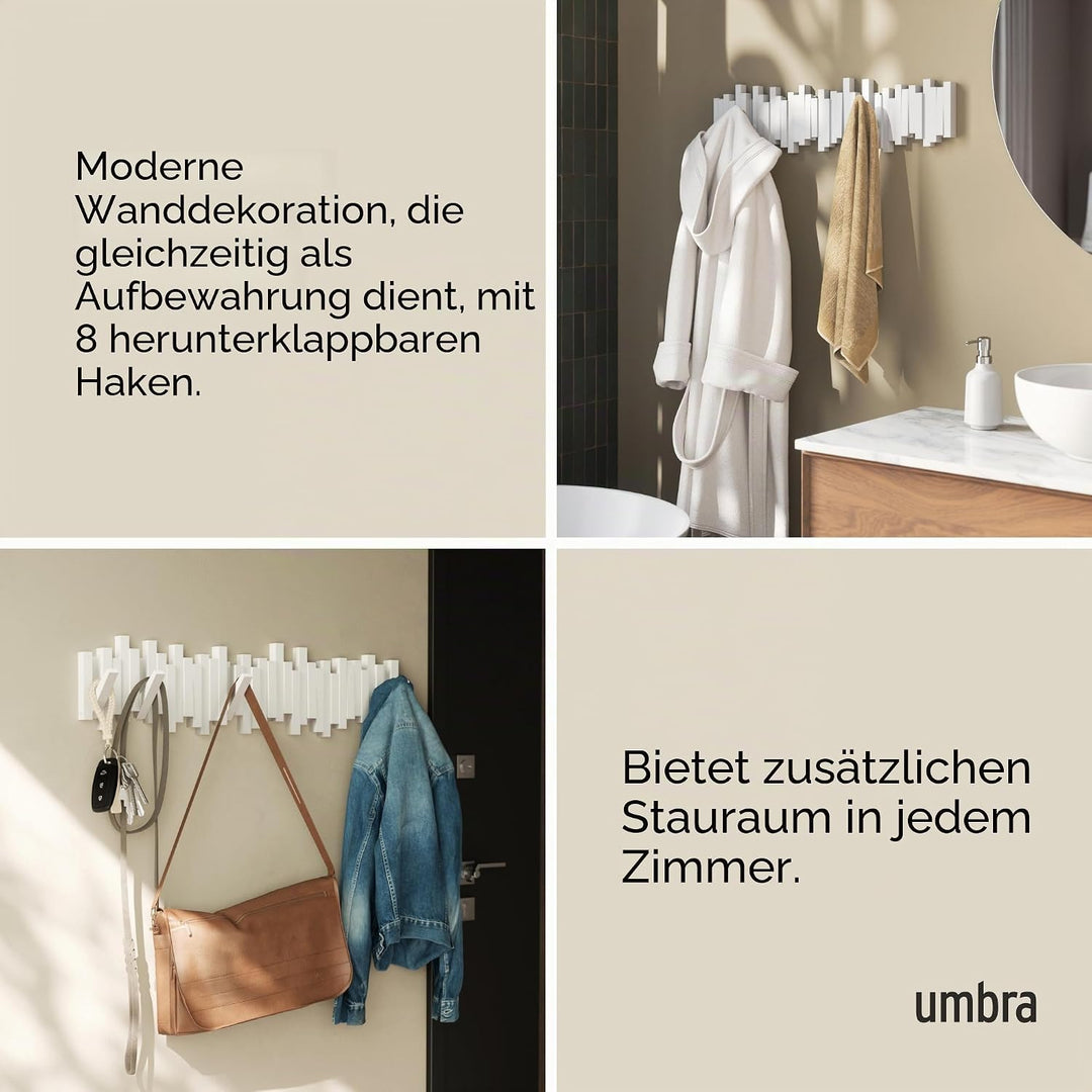 Umbra Stäbchen Garderobenhaken mit 8 Haken – Moderne und platzsparende Garderobenleiste mit acht Bew