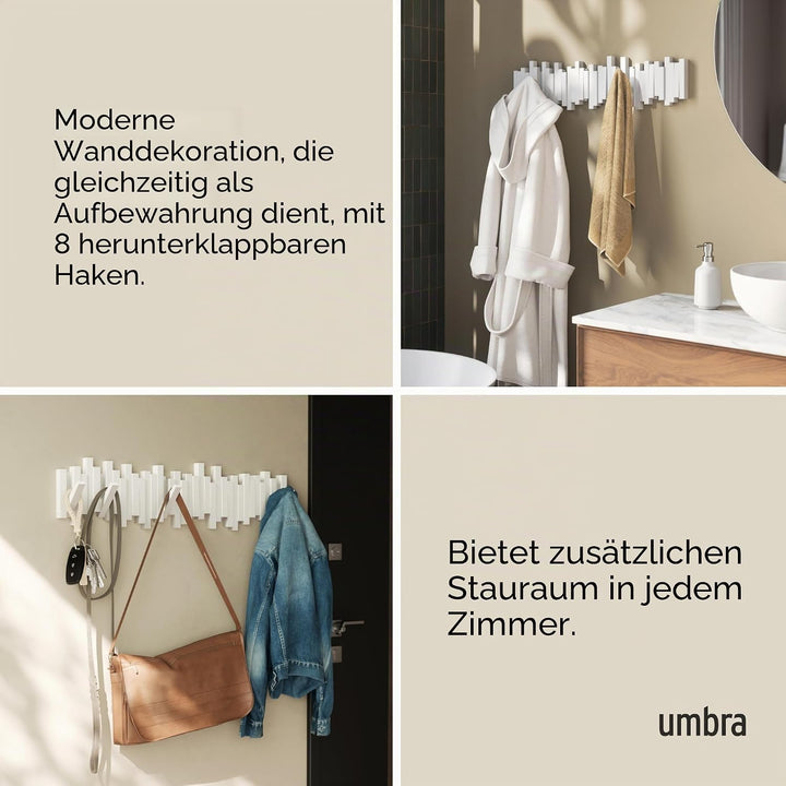 Umbra Stäbchen Garderobenhaken mit 8 Haken – Moderne und platzsparende Garderobenleiste mit acht Bew
