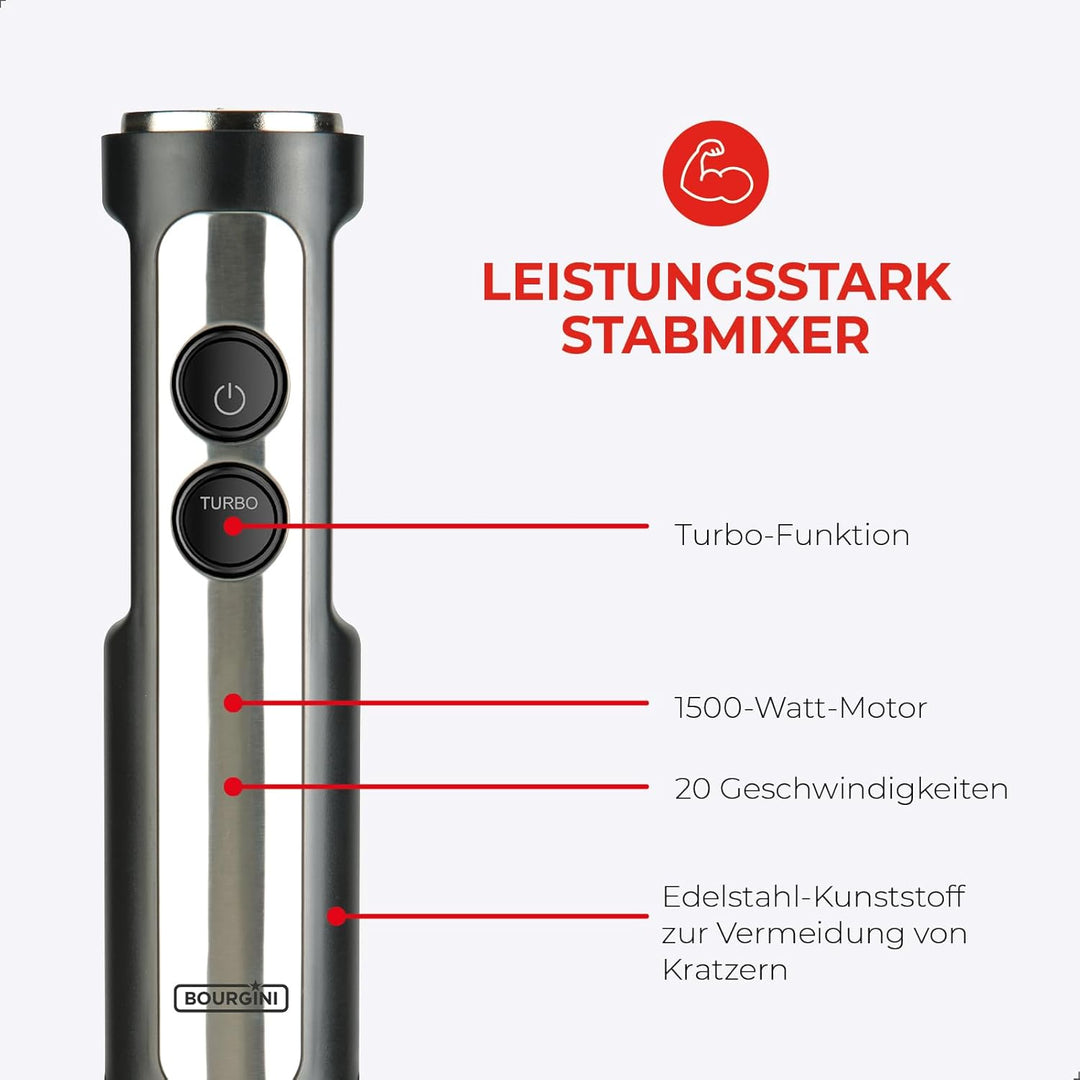 Bourgini Classic Stabmixer - Extra leistungsstarker Stabmixer mit 20 Geschwindigkeiten und Turbofunk