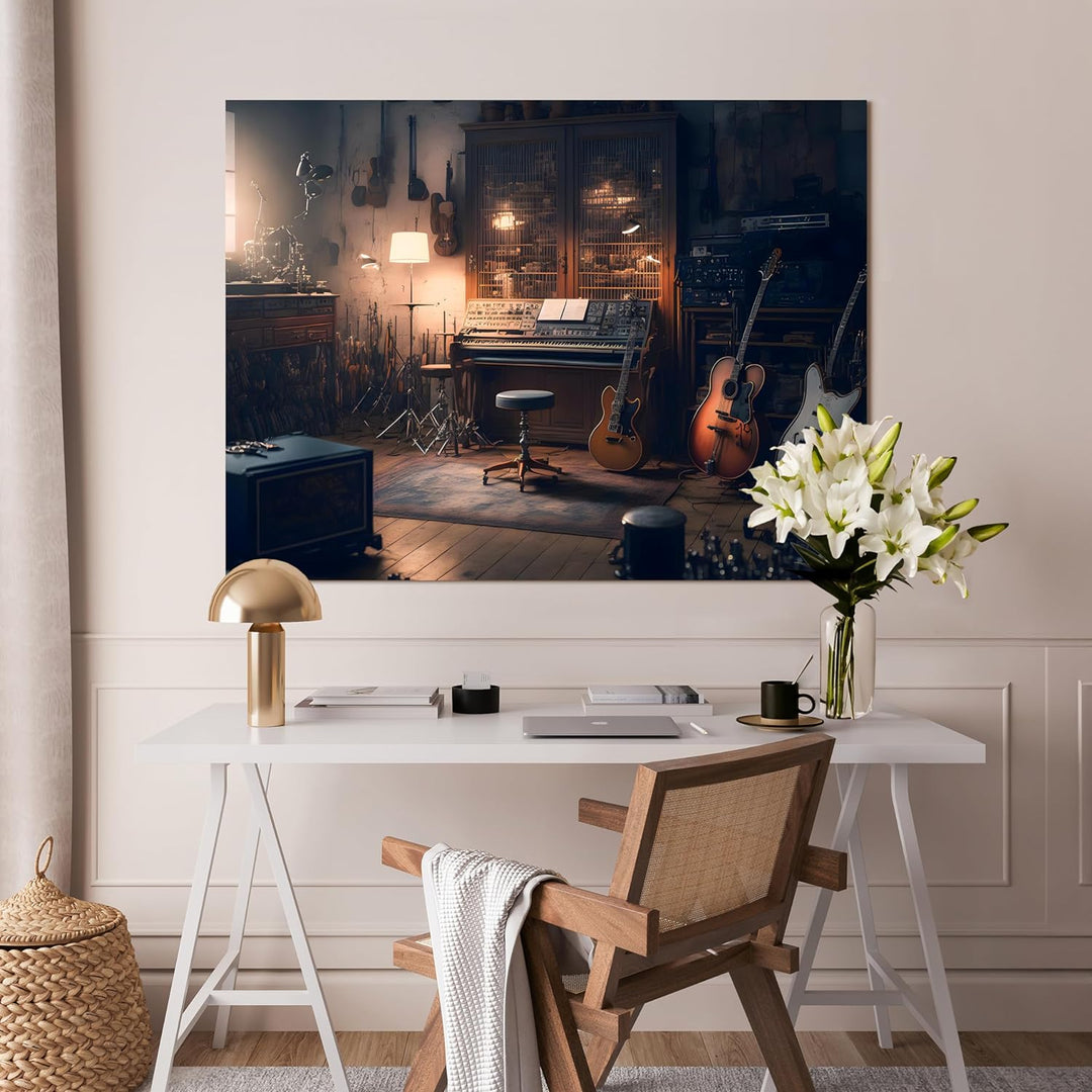 wandmotiv24 Leinwandbild Musikraum, 40x30cm, Querformat, Gitarre, Klavier, Deko, Bilder auf Leinwand