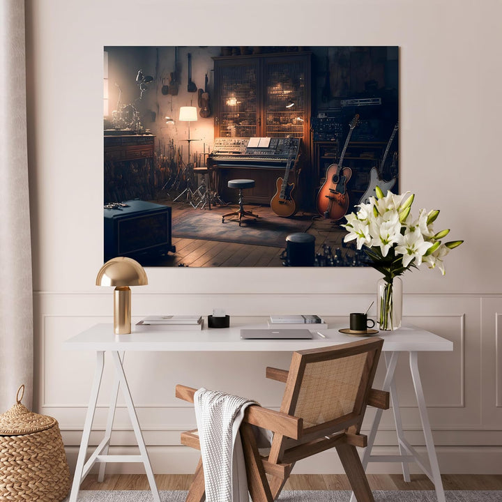 wandmotiv24 Leinwandbild Musikraum, 40x30cm, Querformat, Gitarre, Klavier, Deko, Bilder auf Leinwand