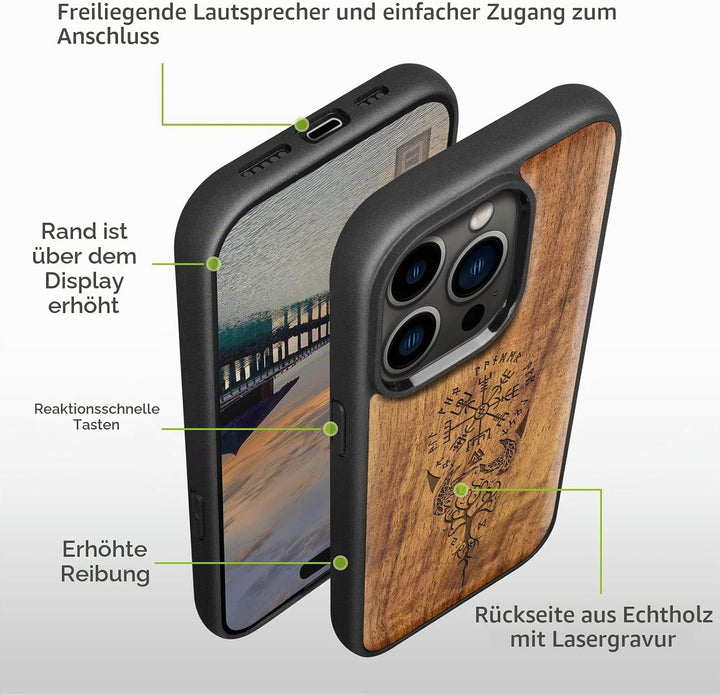 Carveit Magnetisch Hülle für iPhone 14 Pro Case [Elegante Walnuss] [Weich TPU Stossstange] Stossfest