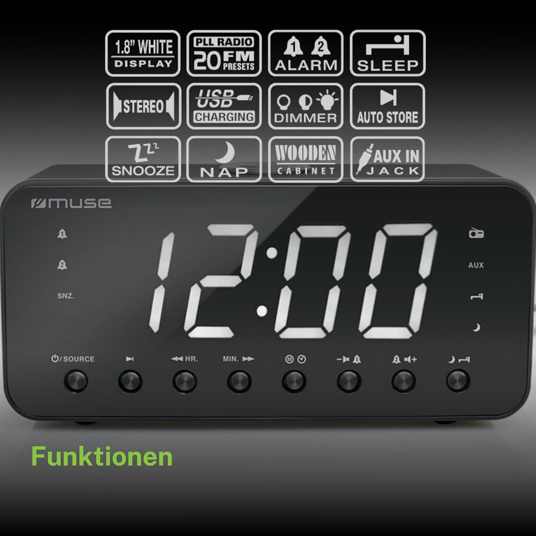 Muse M-192 CR Uhrenradio mit Jumbo Display Dual Alarm (Schlummer/Einschlaf/NAP-Funktion) schwarz, Sc