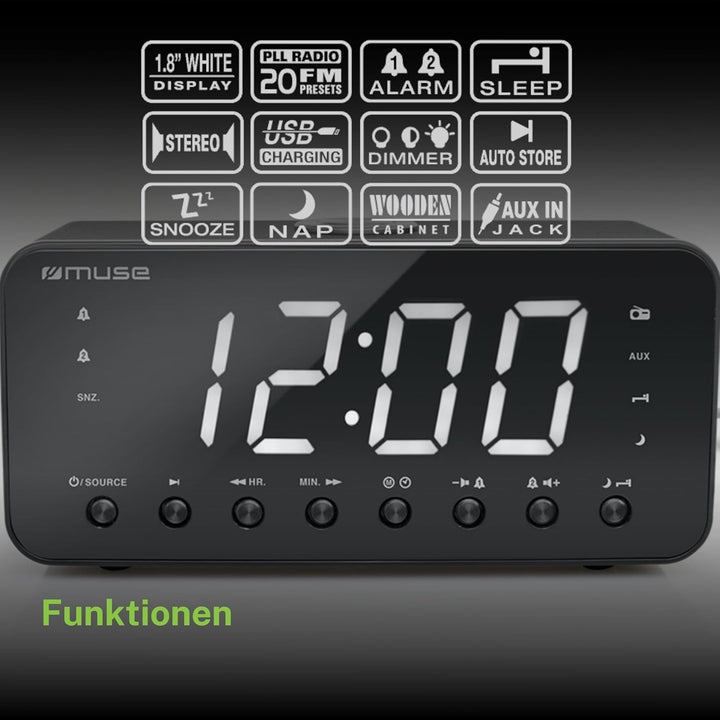Muse M-192 CR Uhrenradio mit Jumbo Display Dual Alarm (Schlummer/Einschlaf/NAP-Funktion) schwarz, Sc