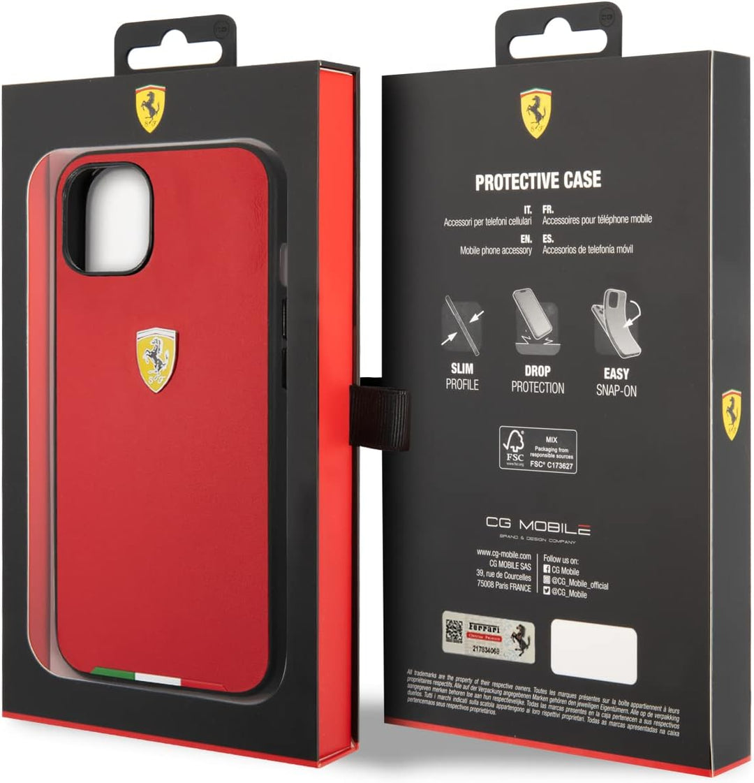 Ferrari Handyhülle für iPhone 14 Plus in Rot mit italienischer Flagge Linie, PU Leder Schutzhülle &