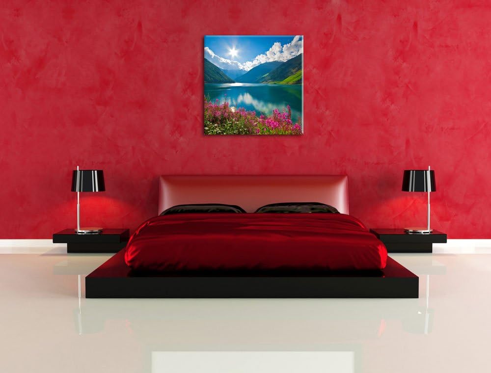 Blumenwiese am Bergsee, Format: 70x70 auf Leinwand, XXL riesige Bilder fertig gerahmt mit Keilrahmen