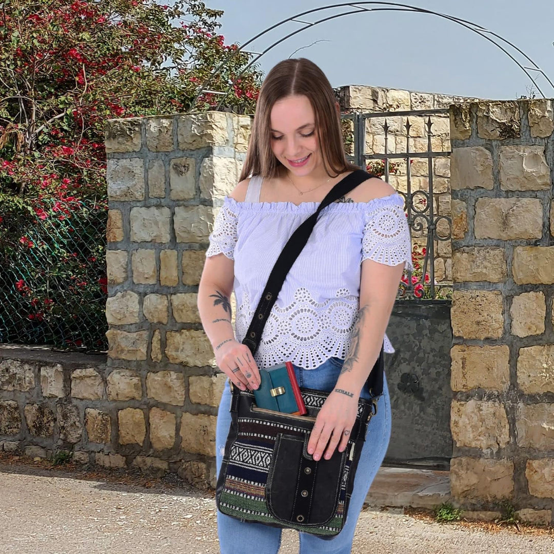 Sunsa Damen Umhängetasche. Crossbody Bag mit Streifen Design. Schultertasche aus Baumwolle & Leder.