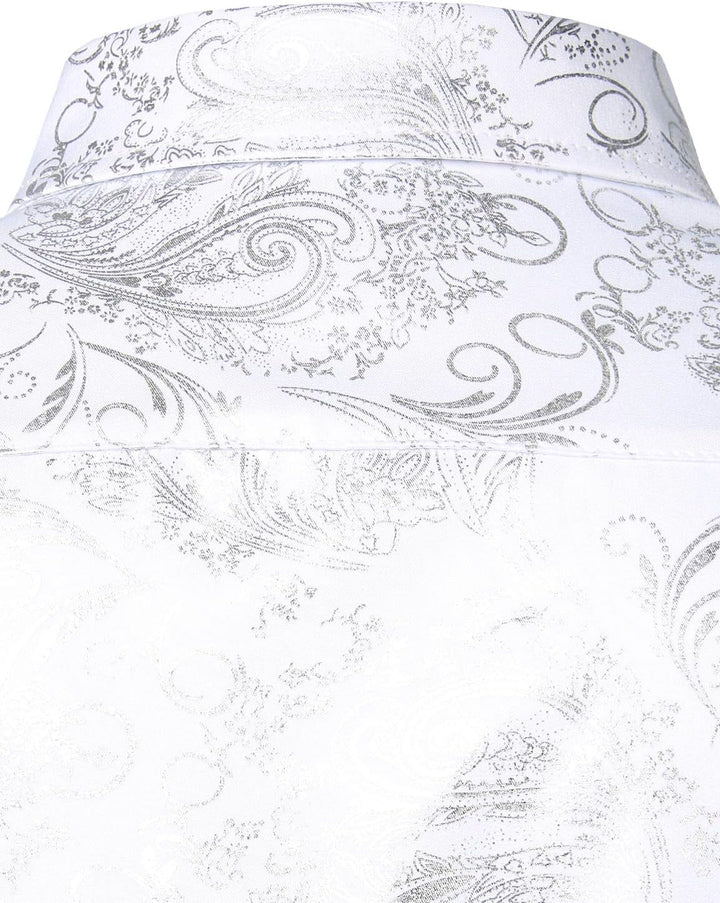 PARKLEES Herren Luxus Paisley Gemustert Golden Glänzend Slim Fit Freizeithemd XXL Weiss Silber, XXL