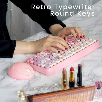 Perixx PERIDUO-713PK Wireless Mini Keyboard and Mouse Combo - Retro Round Key Caps - Pastel Pink - U