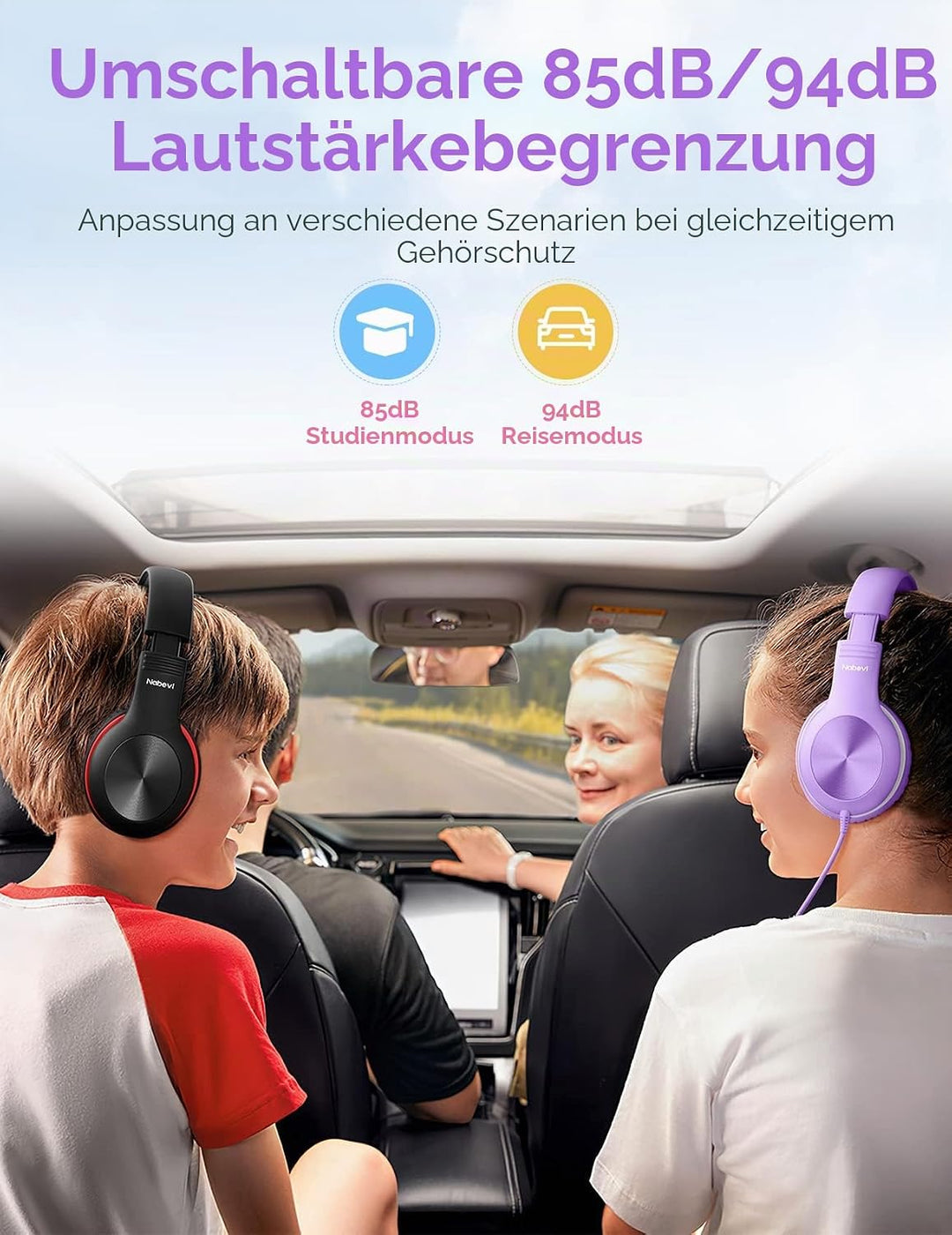 Nabevi Kopfhörer Kinder, Kinder Kopfhörer mit Kabel, 85/94dB Lautstärkegrenze, HD-Ton, Sharing-Funkt