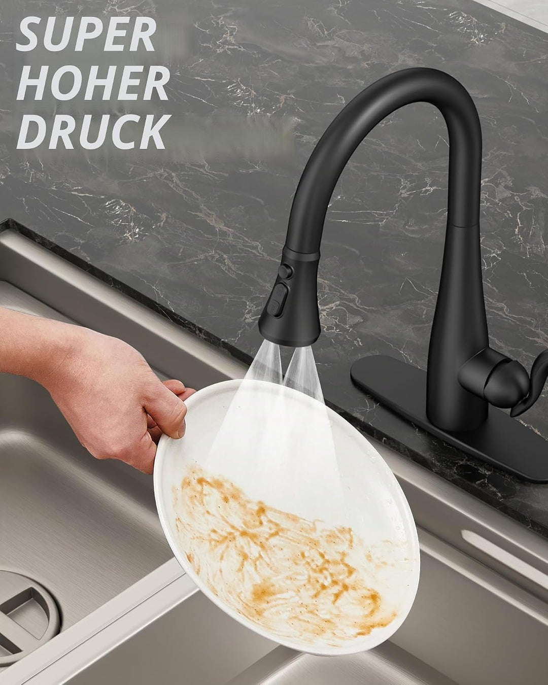 Mbillion ABS-Küchenarmaturkopf, Universal-Sprühdüse mit 3 Funktionen, mit 14 Adaptern, mattschwarz,