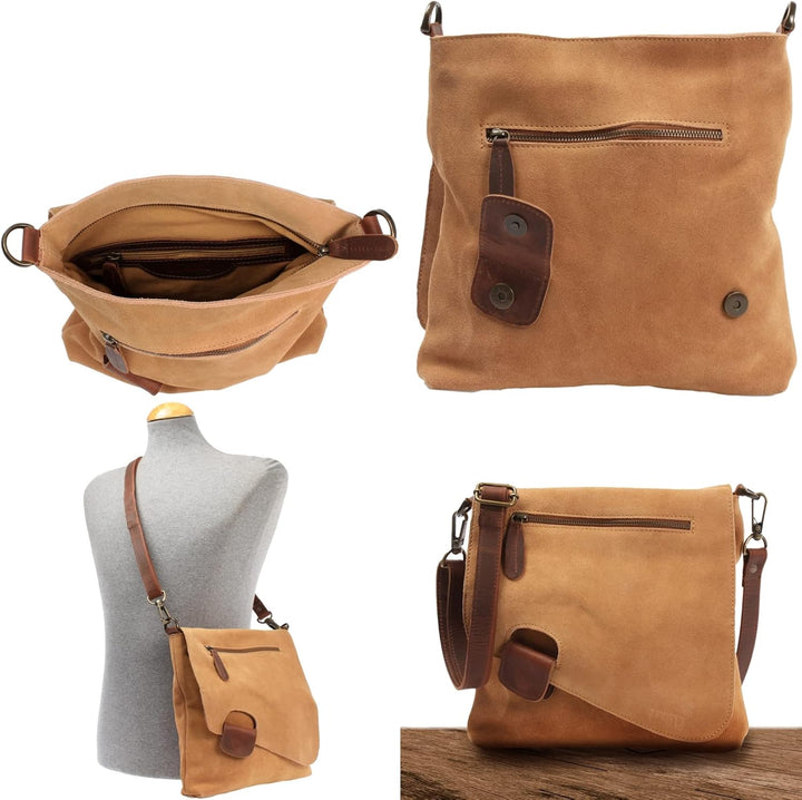 LECONI Umhängetasche für Damen Crossbag Veloursleder Echtleder Natur Damentasche Schultertasche Lede
