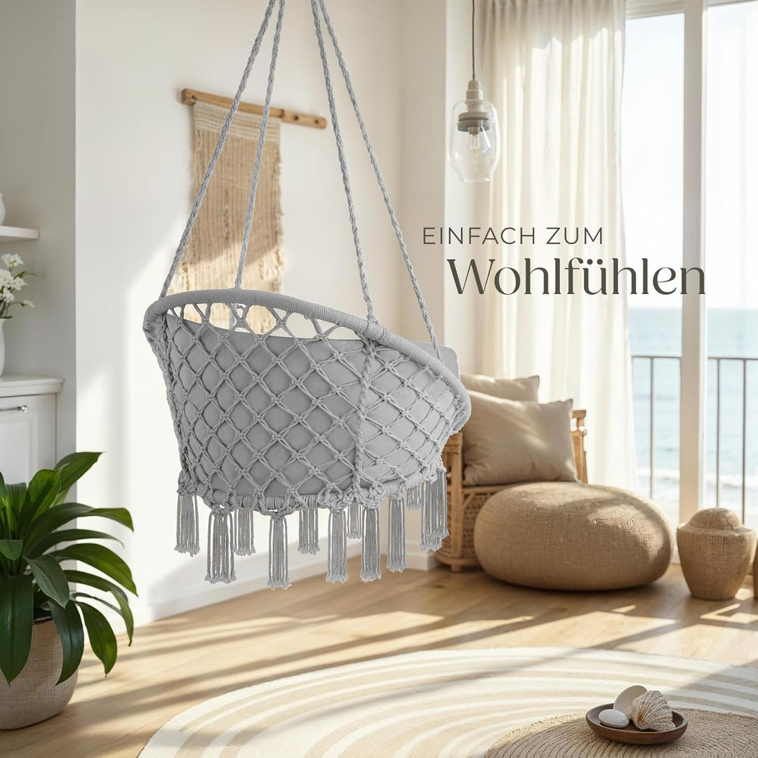 tectake® Hängesessel, Hängeschaukel mit dicken Kissen & Quasten, Boho Hängekorb Ø 80 cm, Hängesessel