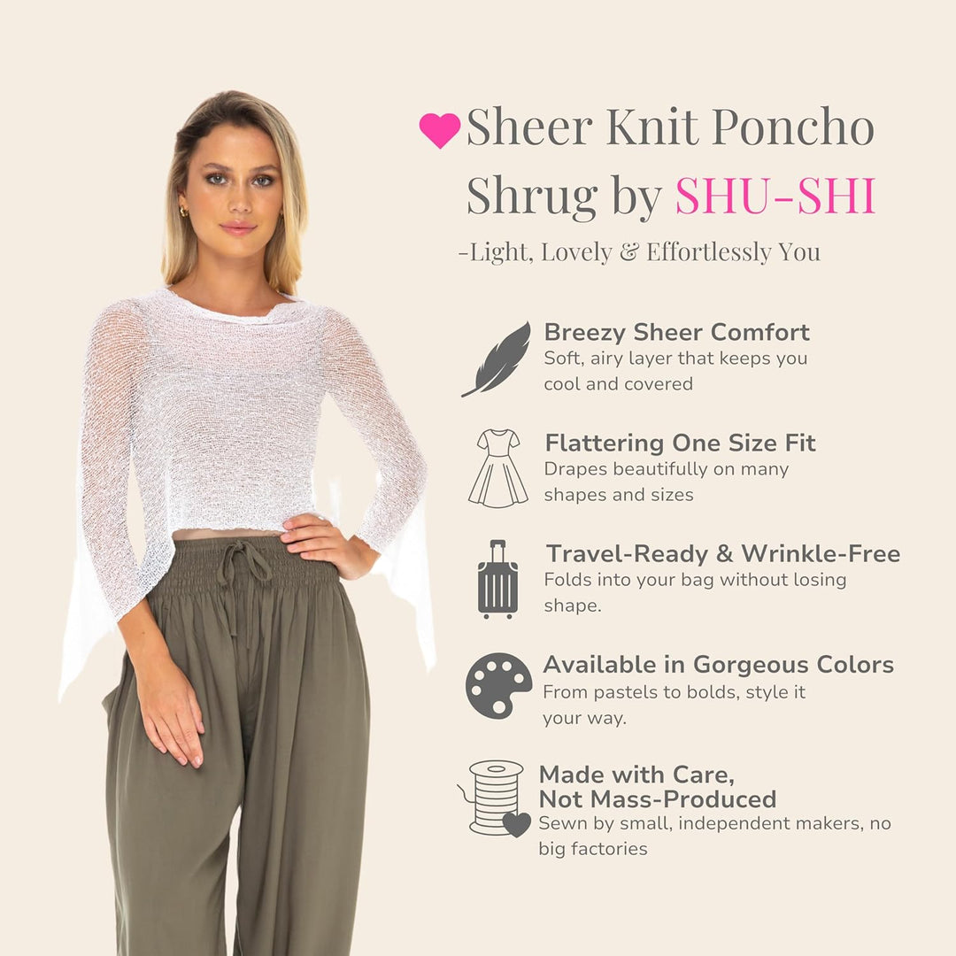 SHU-SHI - Damen Poncho-Top - transparent - leichtes Strickmaterial Weiss, Weiss