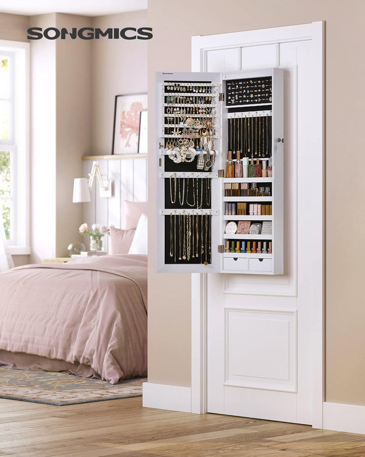 SONGMICS Schmuckschrank hängend, Spiegelschrank mit LED-Innenbeleuchtung, Wandschrank mit Ganzkörper