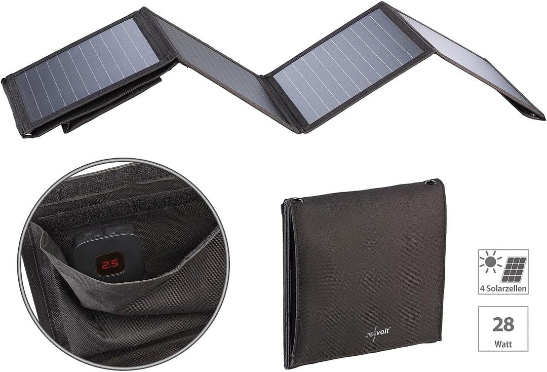 revolt Solarpanel faltbar: 28-Watt-Solar-Ladegerät mit 2 USB-Anschlüssen (5V/4,8A), faltbar, IPX4 (S