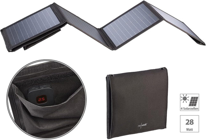 revolt Solarpanel faltbar: 28-Watt-Solar-Ladegerät mit 2 USB-Anschlüssen (5V/4,8A), faltbar, IPX4 (S