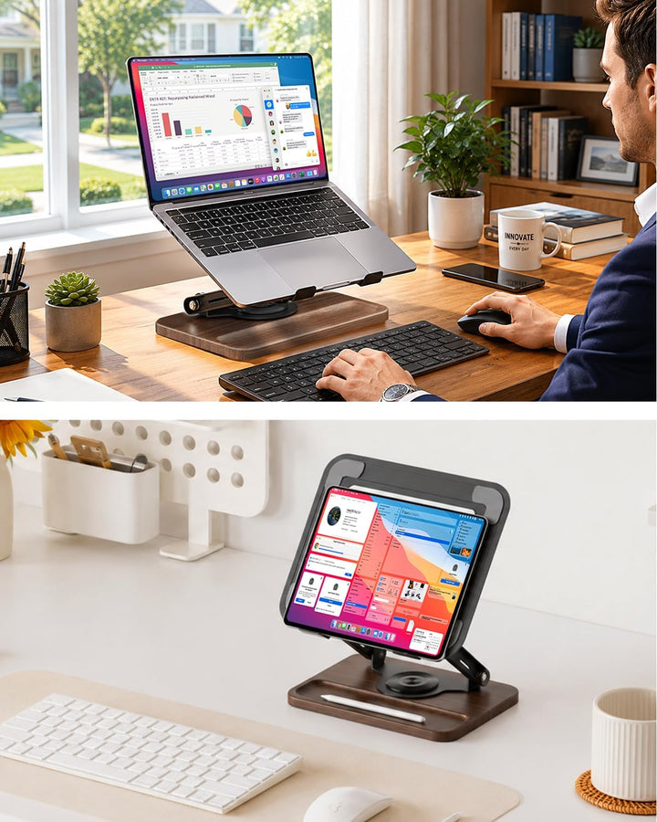 SupeDesk Laptop Ständer mit 360° drehbarer hölzerner Basis,verstellbarer Laptopständer mit Staufach,