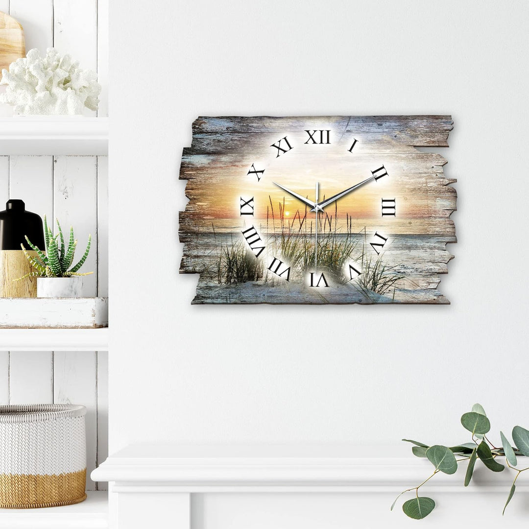 Kreative Feder Sandstrand Meer Landhaus Shabby Style Designer Wanduhr Funkuhr aus Holz *Made in Germ